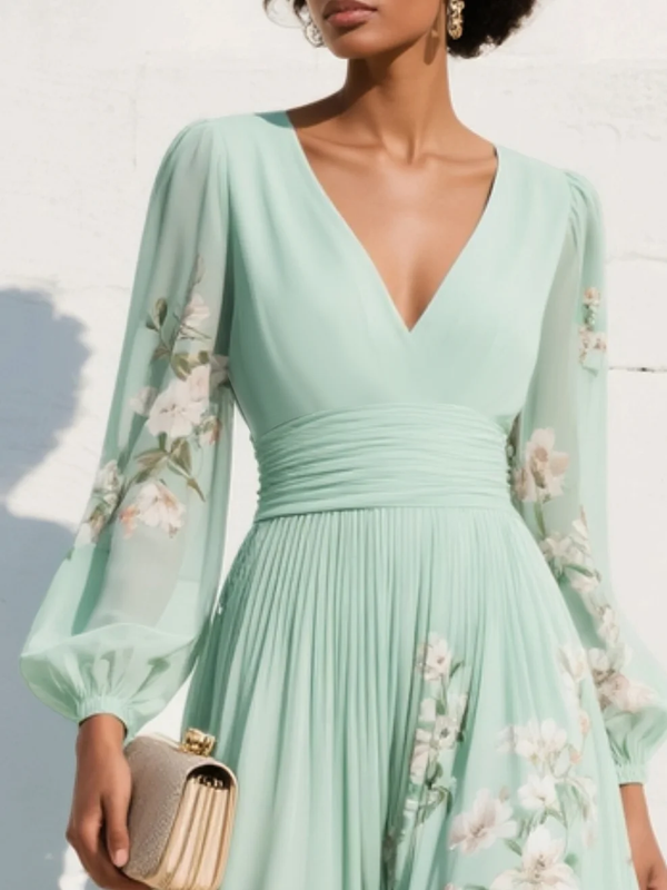 Women's Floral Embroidered Midi Dress with V-Neck, Long Sheer Sleeves