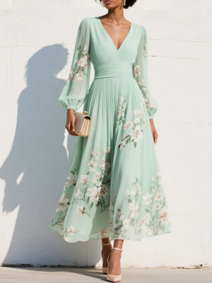 Women's Floral Embroidered Midi Dress with V-Neck, Long Sheer Sleeves