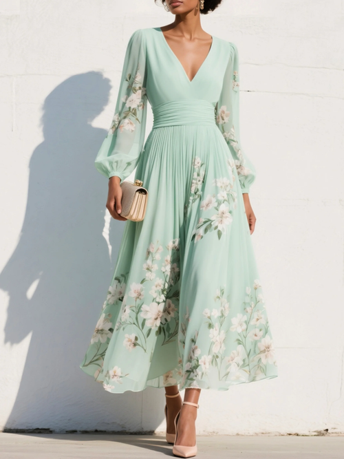 Women's Floral Embroidered Midi Dress with V-Neck, Long Sheer Sleeves