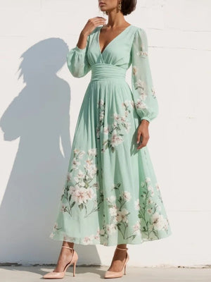 Women's Floral Embroidered Midi Dress with V-Neck, Long Sheer Sleeves