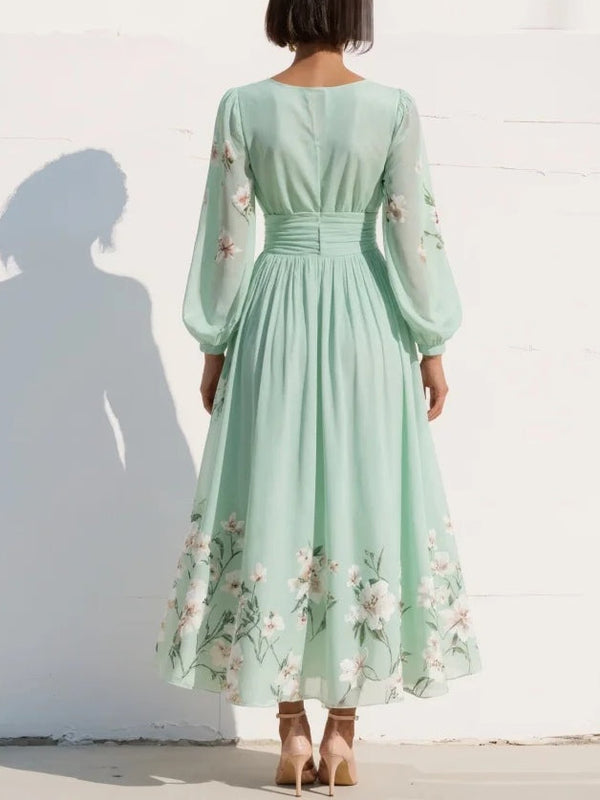 Women's Floral Embroidered Midi Dress with V-Neck, Long Sheer Sleeves