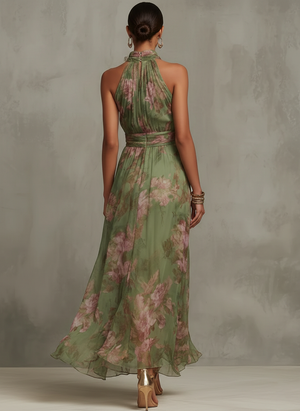 Women's Floral Maxi Dress with Halter Neckline