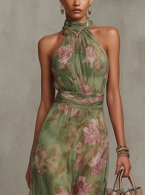 Women's Floral Maxi Dress with Halter Neckline