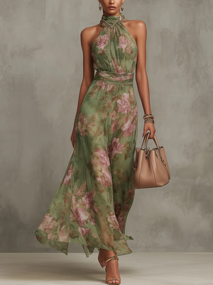 Women's Floral Maxi Dress with Halter Neckline