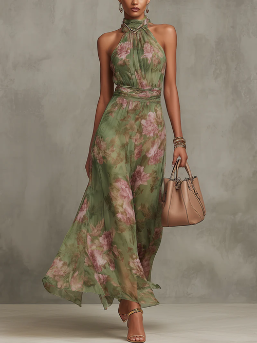 Women's Floral Maxi Dress with Halter Neckline