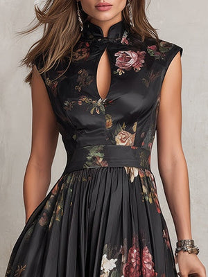 Women's Floral Midi Dress with High Neck