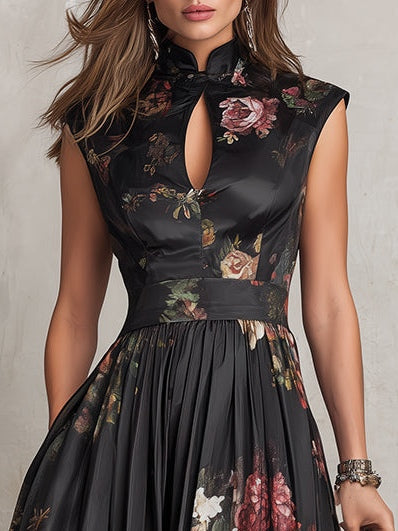 Women's Floral Midi Dress with High Neck