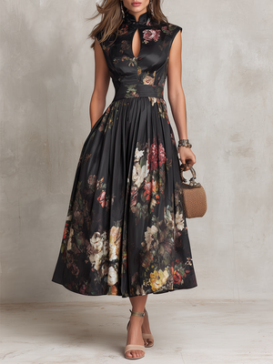 Women's Floral Midi Dress with High Neck