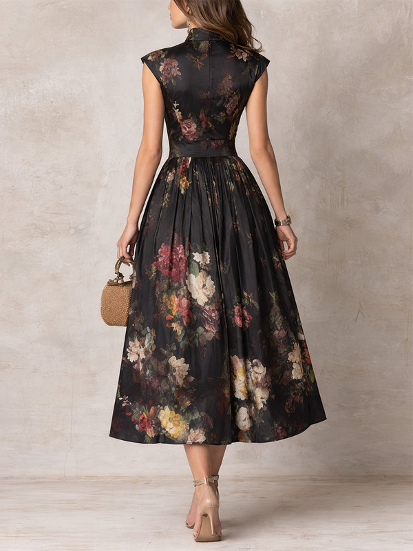 Women's Floral Midi Dress with High Neck