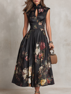 Women's Floral Midi Dress with High Neck