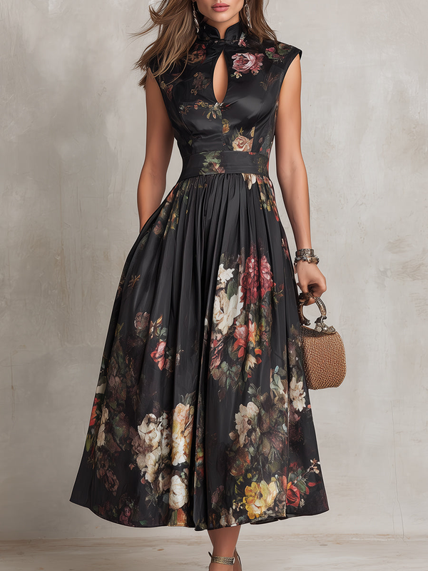 Women's Floral Midi Dress with High Neck