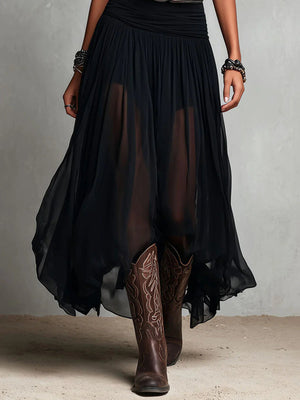 Women's Black Boho Maxi Dress with Sheer Skirt