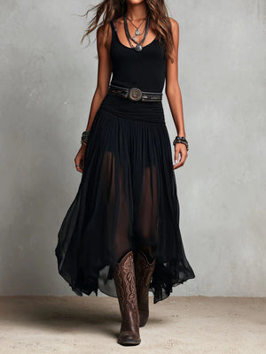 Women's Black Boho Maxi Dress with Sheer Skirt