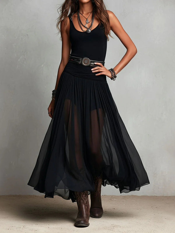 Women's Black Boho Maxi Dress with Sheer Skirt