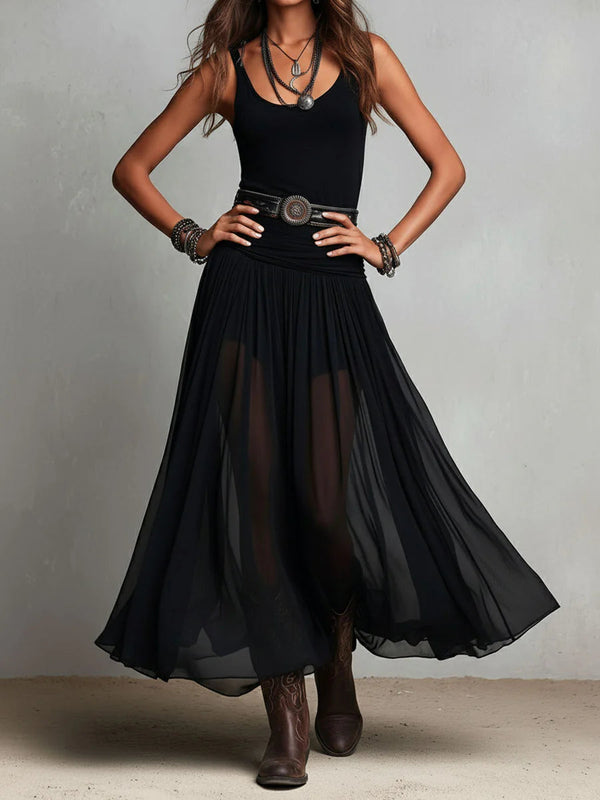 Women's Black Boho Maxi Dress with Sheer Skirt