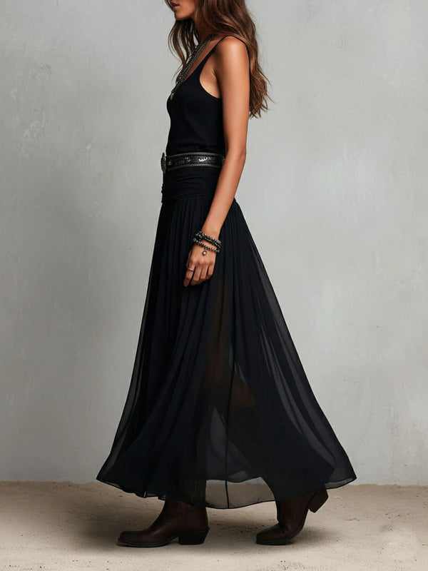 Women's Black Boho Maxi Dress with Sheer Skirt