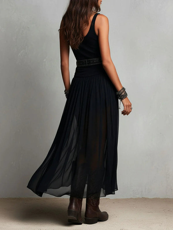 Women's Black Boho Maxi Dress with Sheer Skirt