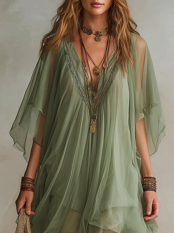 Women's Chiffon V-Neck Boho Mini Dress