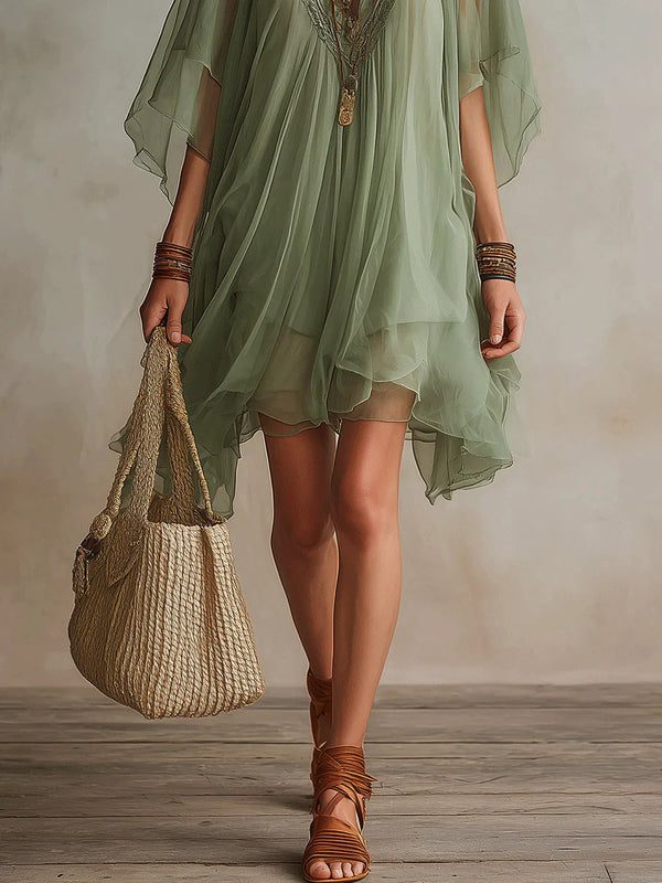 Women's Chiffon V-Neck Boho Mini Dress