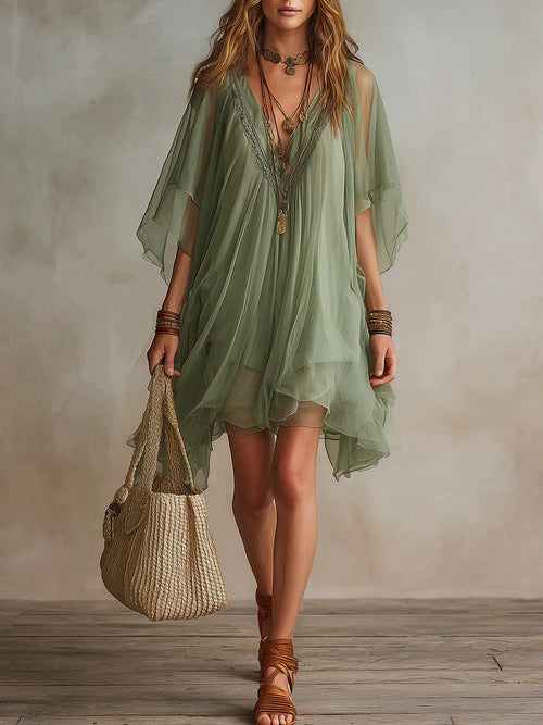 Women's Chiffon V-Neck Boho Mini Dress