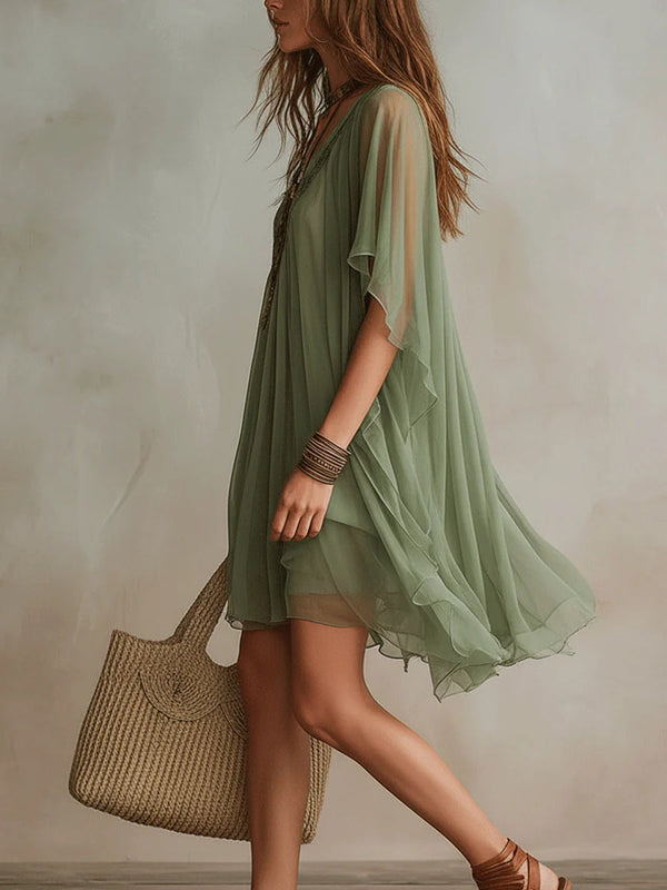 Women's Chiffon V-Neck Boho Mini Dress