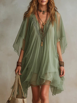 Women's Chiffon V-Neck Boho Mini Dress