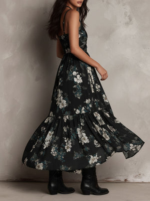 Vestido largo negro con estampado floral, bajo asimétrico con volantes y para mujer