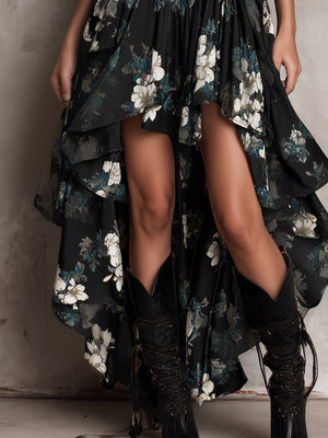 Vestido largo negro con estampado floral, bajo asimétrico con volantes y para mujer