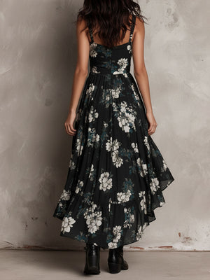 Vestido largo negro con estampado floral, bajo asimétrico con volantes y para mujer