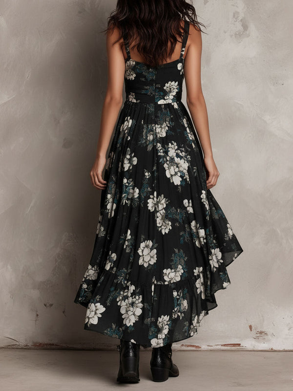 Vestido largo negro con estampado floral, bajo asimétrico con volantes y para mujer