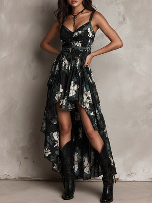 Vestido largo negro con estampado floral, bajo asimétrico con volantes y para mujer