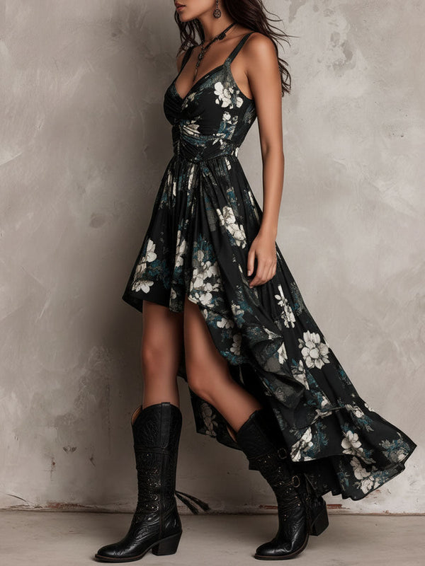 Vestido largo negro con estampado floral, bajo asimétrico con volantes y para mujer