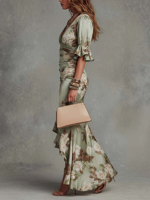 Vestido largo floral para mujer con escote cruzado