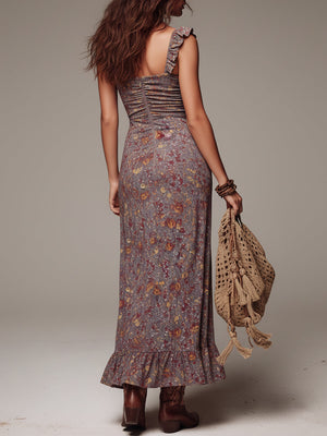 Women's Boho Floral Maxi Dress with Side Slit