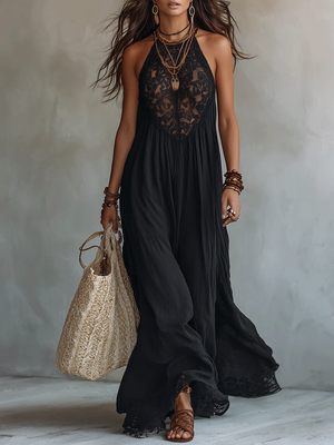 Vestido largo bohemio de encaje con cuello halter para mujer