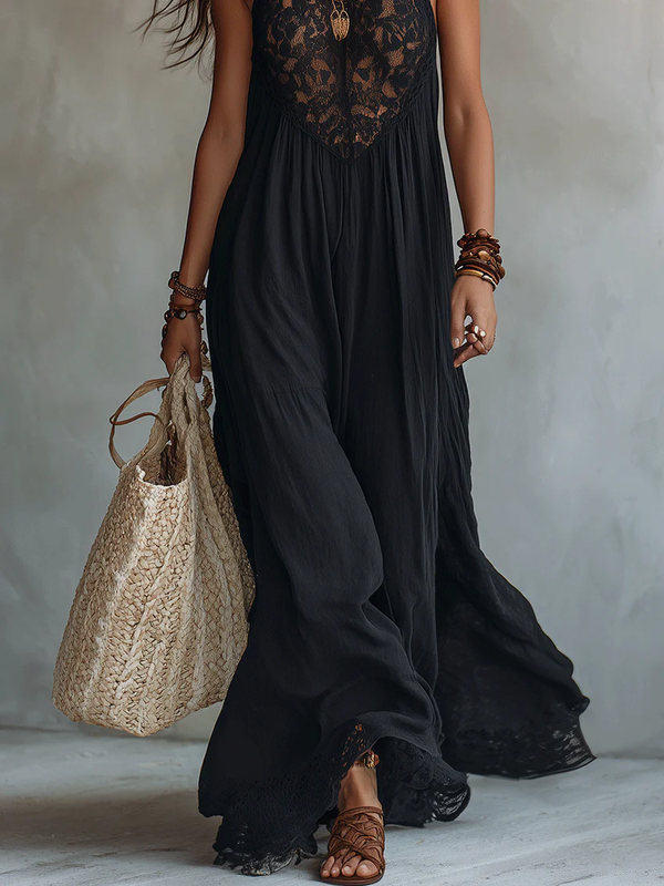 Vestido largo bohemio de encaje con cuello halter para mujer