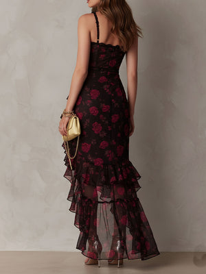 Women's Elegant Lace-Trimmed Floral Midi Dress