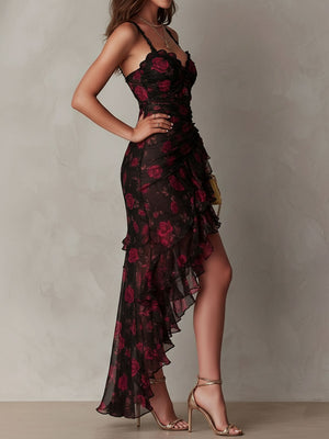 Women's Elegant Lace-Trimmed Floral Midi Dress