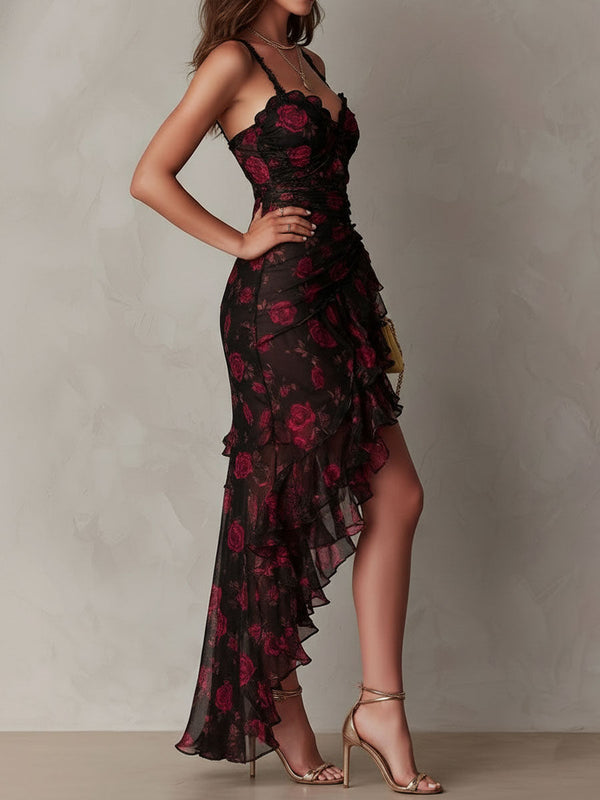 Women's Elegant Lace-Trimmed Floral Midi Dress