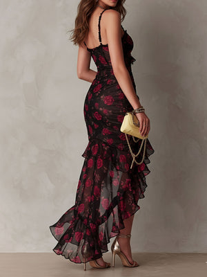 Women's Elegant Lace-Trimmed Floral Midi Dress