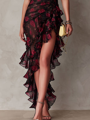 Women's Elegant Lace-Trimmed Floral Midi Dress