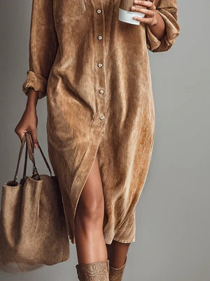Women's Corduroy Button-Front Shirt Midi Dress