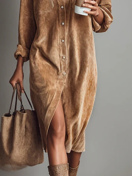 Women's Corduroy Button-Front Shirt Midi Dress