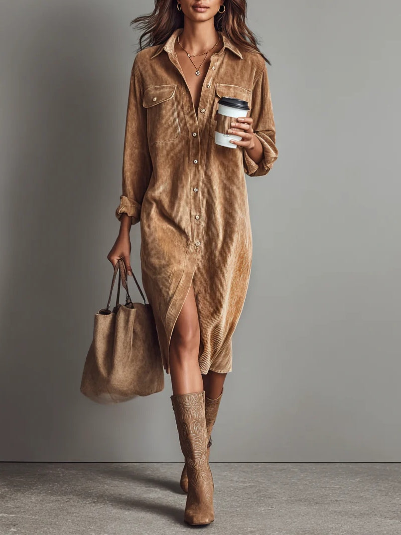 Women's Corduroy Button-Front Shirt Midi Dress