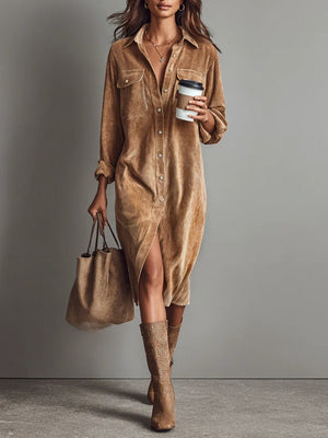 Women's Corduroy Button-Front Shirt Midi Dress