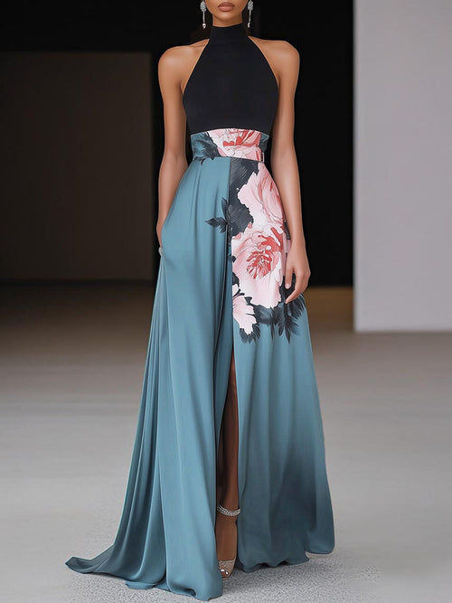 Women’s Elegant Floral Halter Neck Maxi Evening Dress