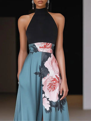 Women’s Elegant Floral Halter Neck Maxi Evening Dress