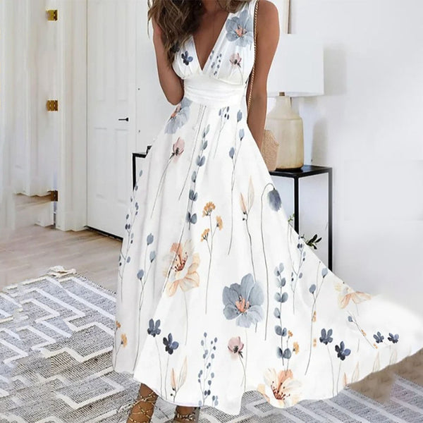 Women’s Floral Wrap Maxi Dress with Sleeveless V-Neck Design