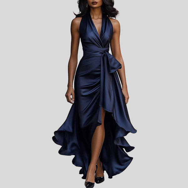Women’s Satin Halter Maxi Dress with Cascading Ruffle Hem