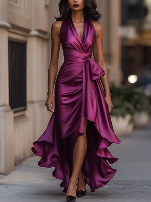 Women’s Satin Halter Maxi Dress with Cascading Ruffle Hem